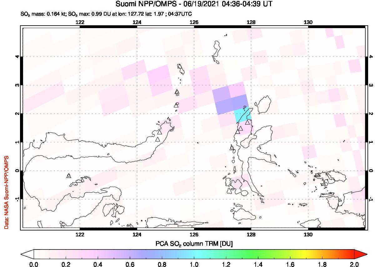 A sulfur dioxide image over Northern Sulawesi & Halmahera, Indonesia on Jun 19, 2021.