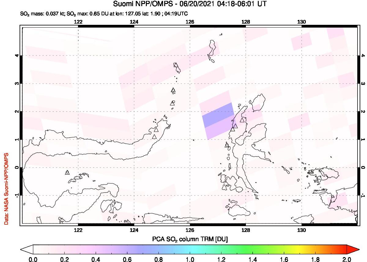 A sulfur dioxide image over Northern Sulawesi & Halmahera, Indonesia on Jun 20, 2021.