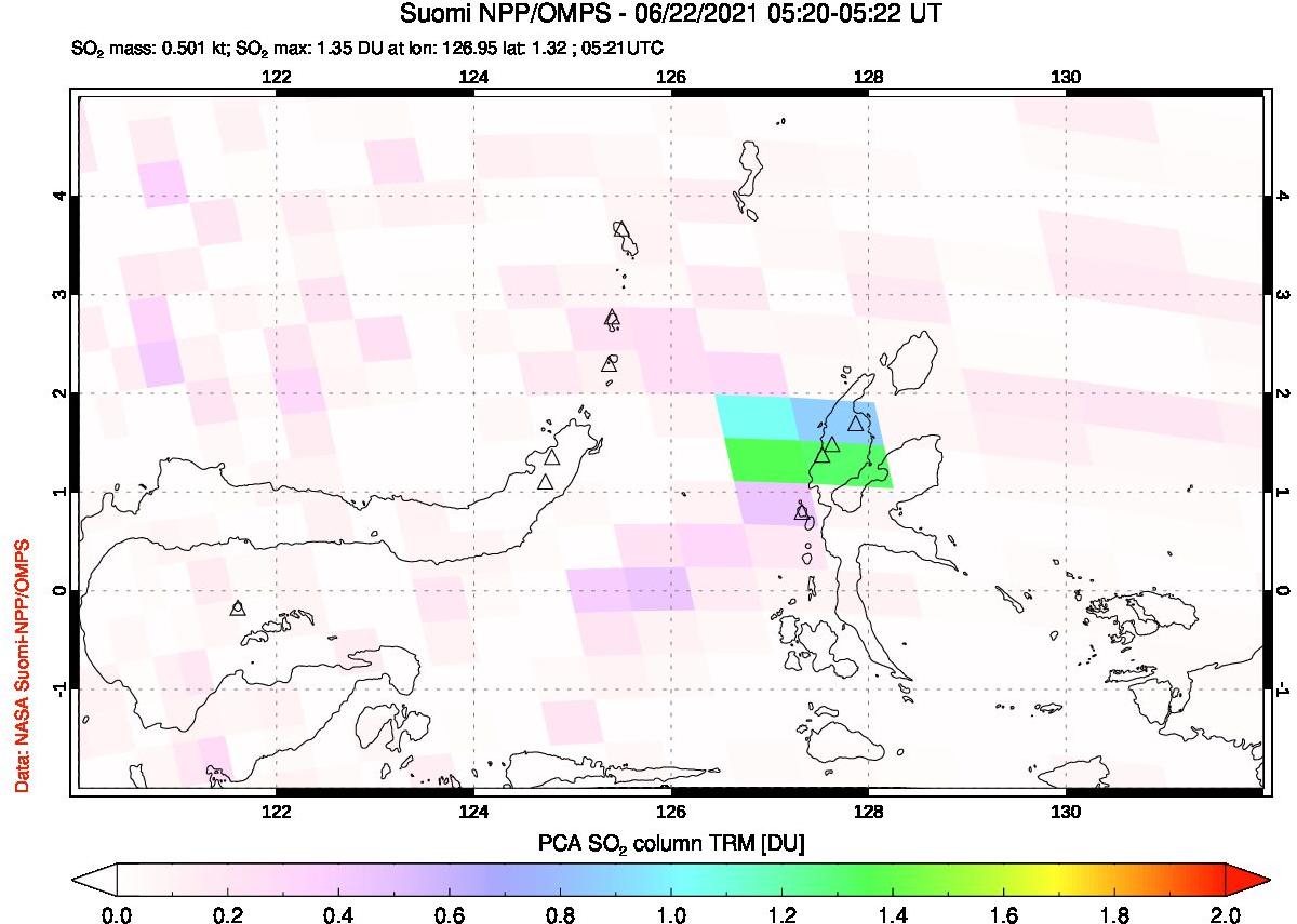 A sulfur dioxide image over Northern Sulawesi & Halmahera, Indonesia on Jun 22, 2021.