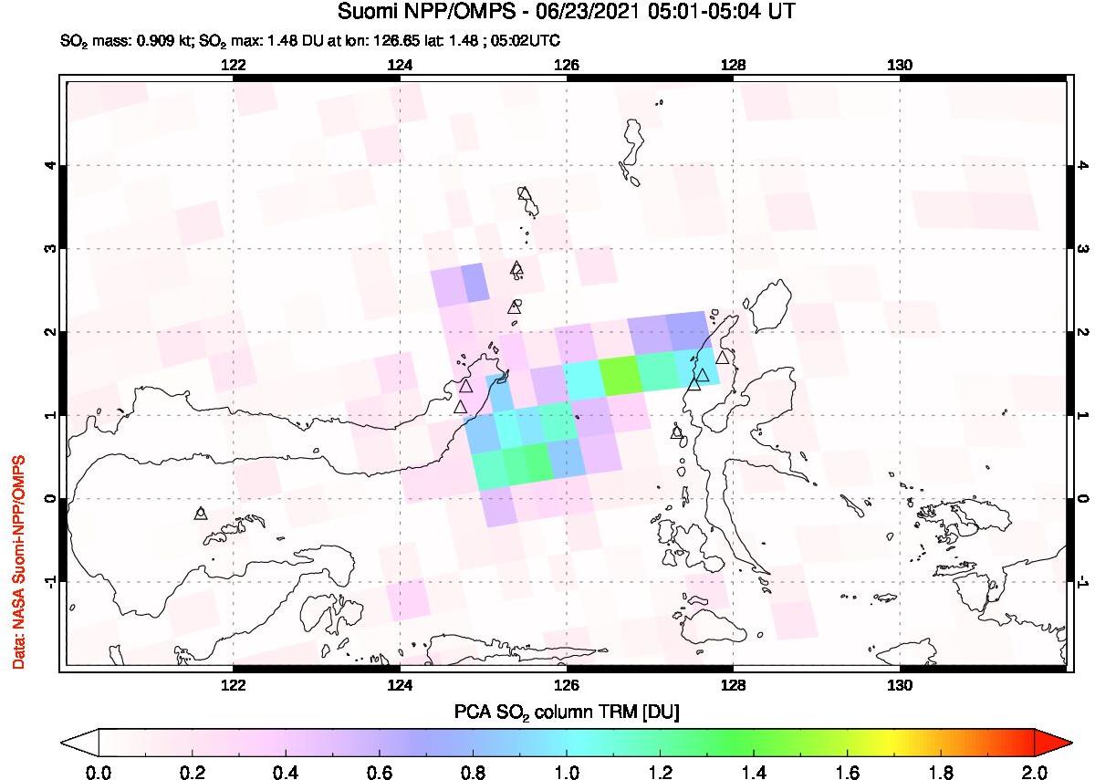 A sulfur dioxide image over Northern Sulawesi & Halmahera, Indonesia on Jun 23, 2021.