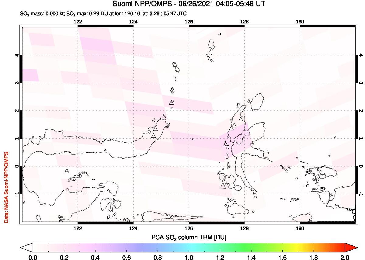A sulfur dioxide image over Northern Sulawesi & Halmahera, Indonesia on Jun 26, 2021.