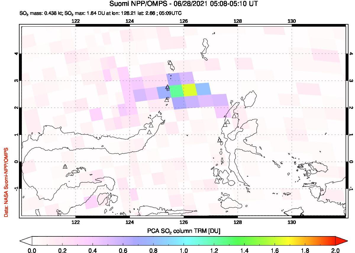 A sulfur dioxide image over Northern Sulawesi & Halmahera, Indonesia on Jun 28, 2021.