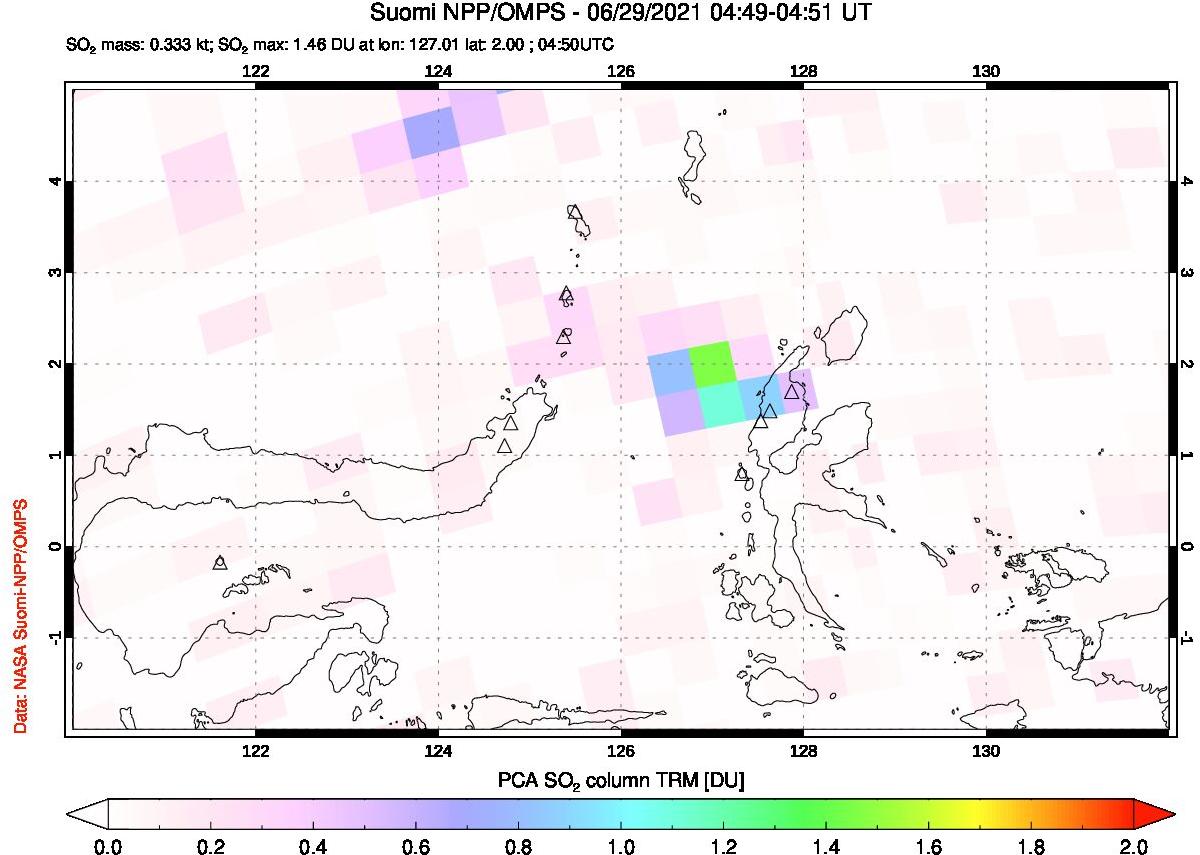 A sulfur dioxide image over Northern Sulawesi & Halmahera, Indonesia on Jun 29, 2021.