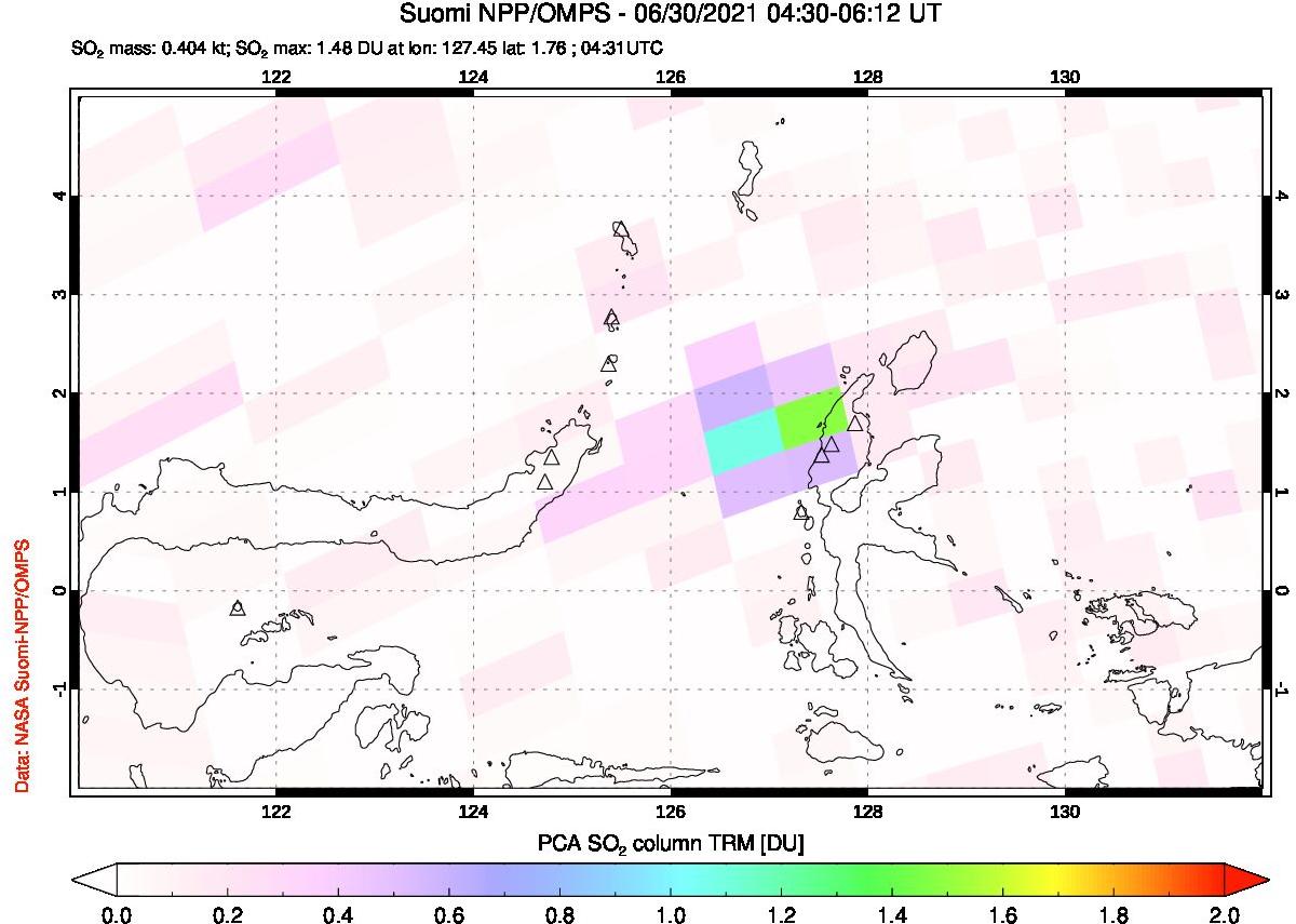 A sulfur dioxide image over Northern Sulawesi & Halmahera, Indonesia on Jun 30, 2021.