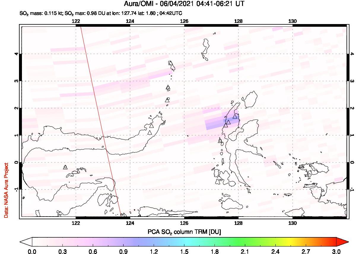 A sulfur dioxide image over Northern Sulawesi & Halmahera, Indonesia on Jun 04, 2021.
