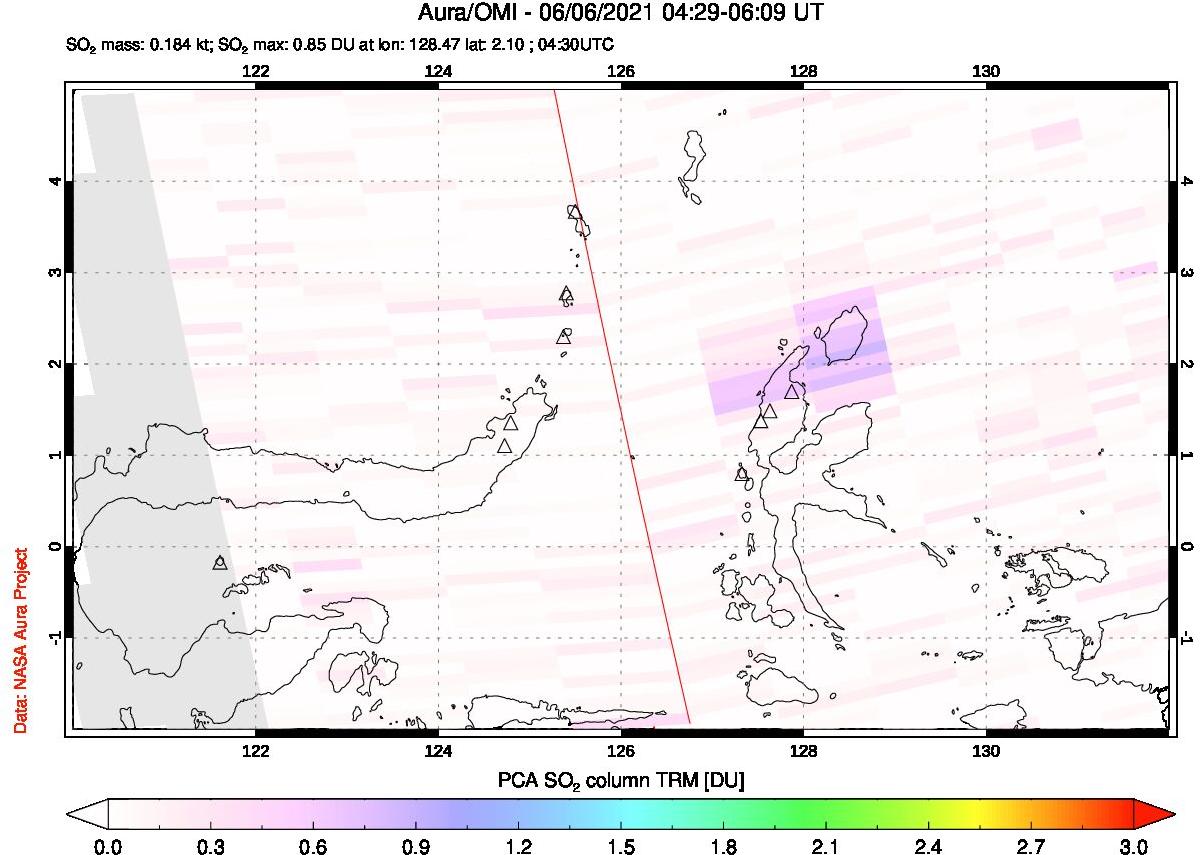 A sulfur dioxide image over Northern Sulawesi & Halmahera, Indonesia on Jun 06, 2021.
