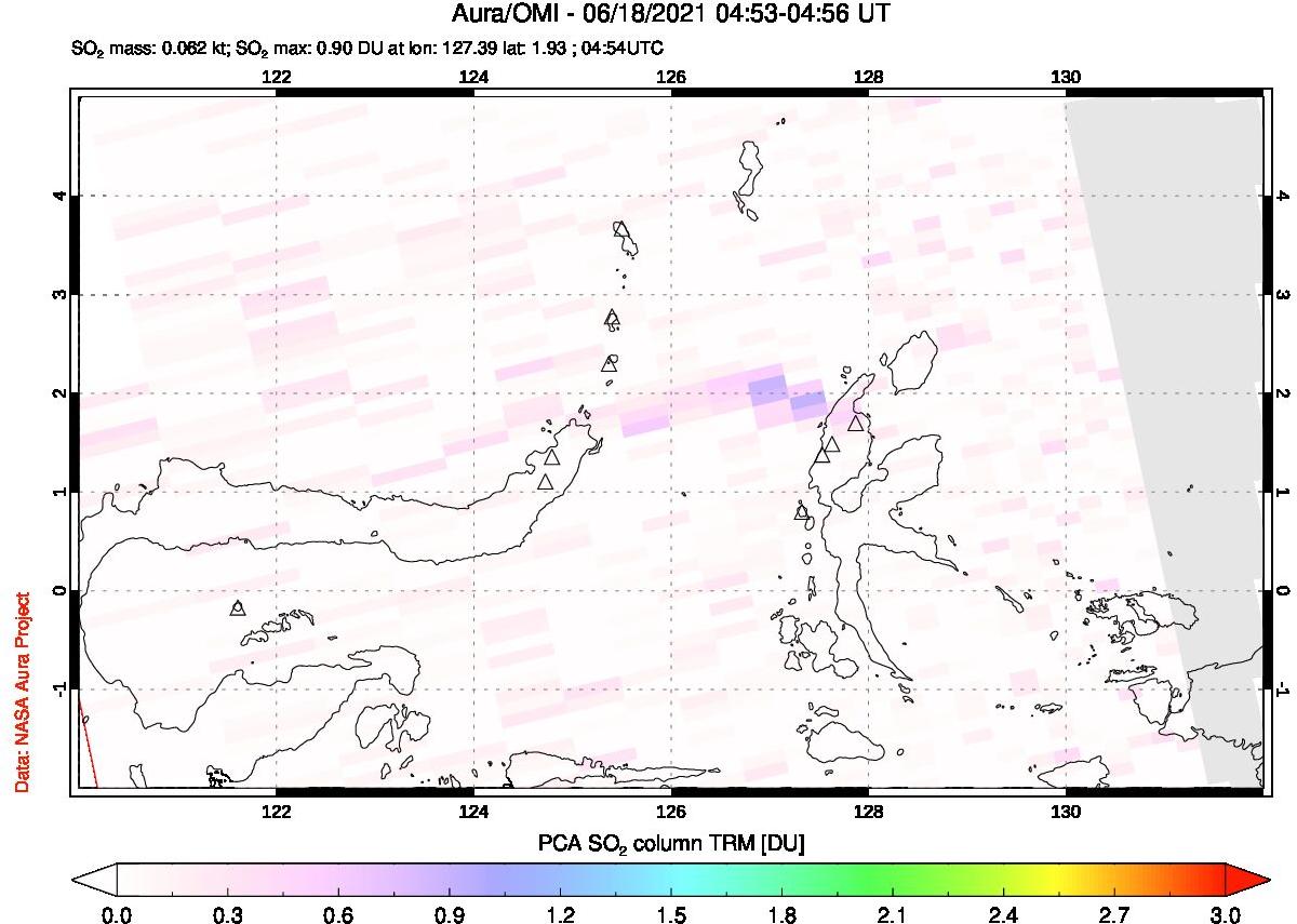 A sulfur dioxide image over Northern Sulawesi & Halmahera, Indonesia on Jun 18, 2021.