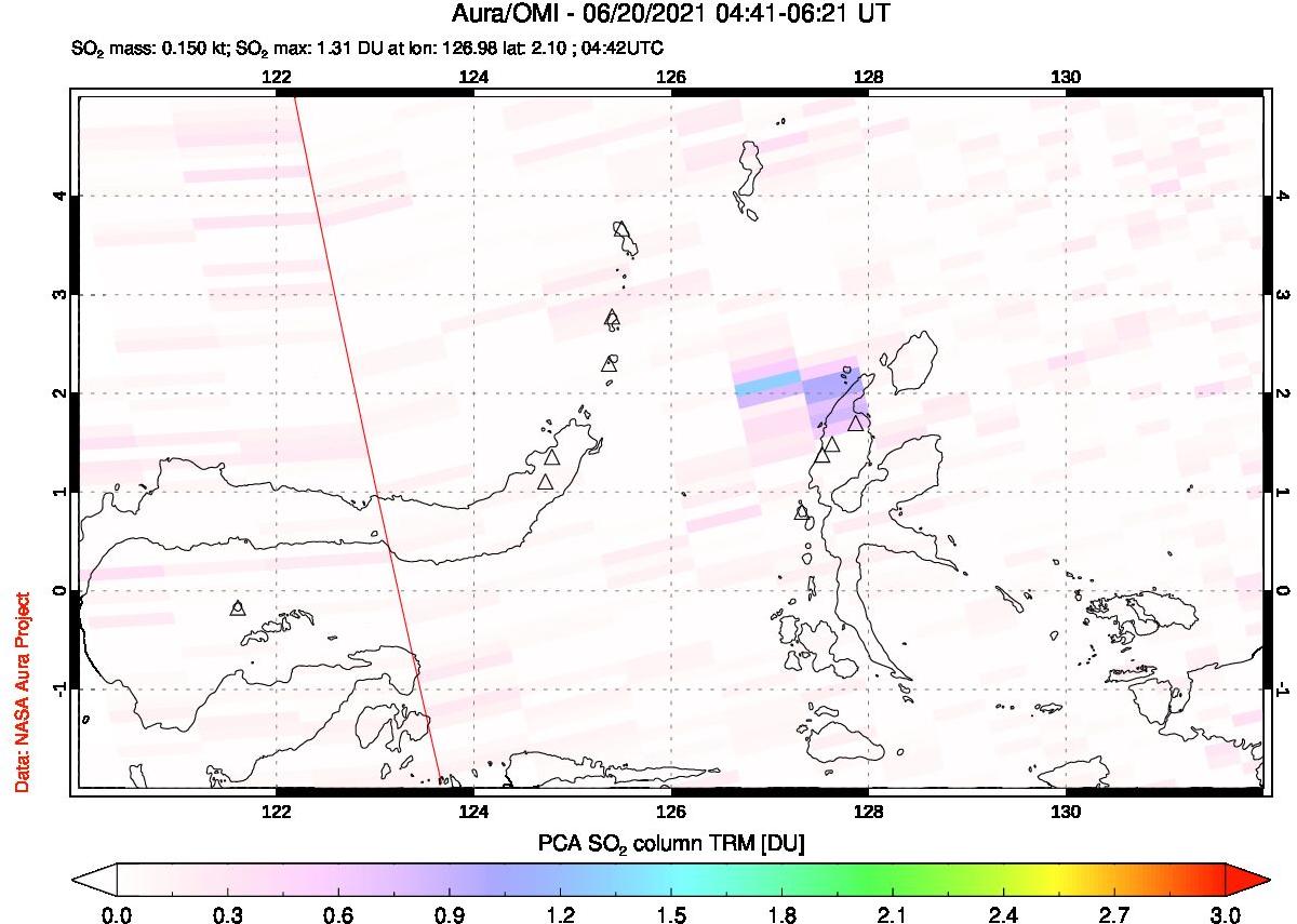 A sulfur dioxide image over Northern Sulawesi & Halmahera, Indonesia on Jun 20, 2021.