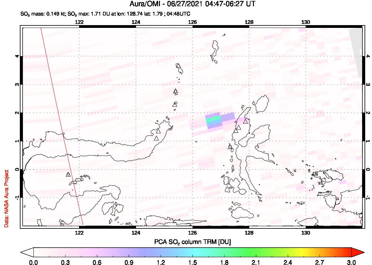 A sulfur dioxide image over Northern Sulawesi & Halmahera, Indonesia on Jun 27, 2021.
