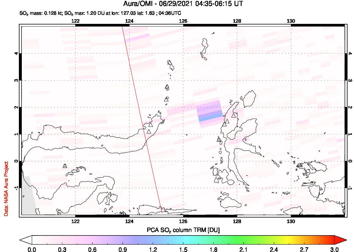 A sulfur dioxide image over Northern Sulawesi & Halmahera, Indonesia on Jun 29, 2021.