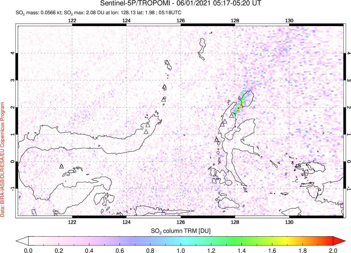A sulfur dioxide image over Northern Sulawesi & Halmahera, Indonesia on Jun 01, 2021.