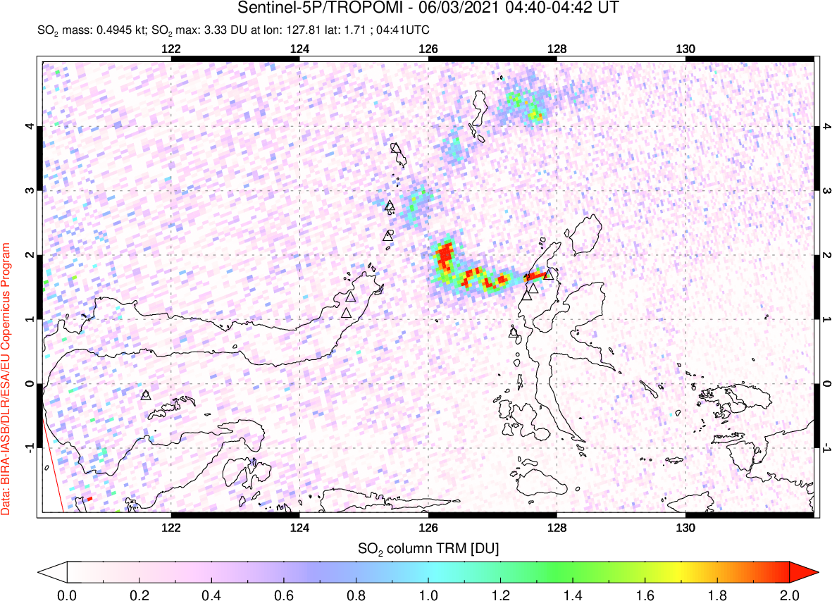 A sulfur dioxide image over Northern Sulawesi & Halmahera, Indonesia on Jun 03, 2021.