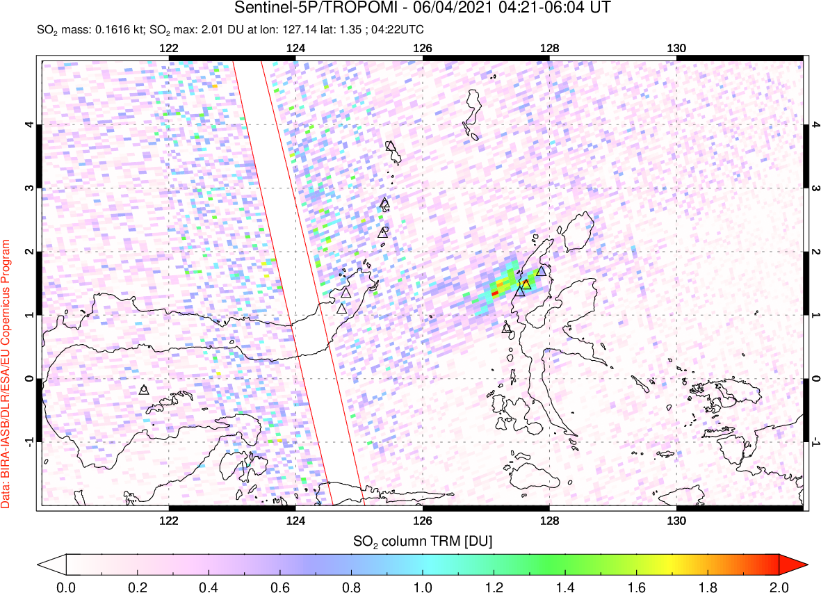 A sulfur dioxide image over Northern Sulawesi & Halmahera, Indonesia on Jun 04, 2021.