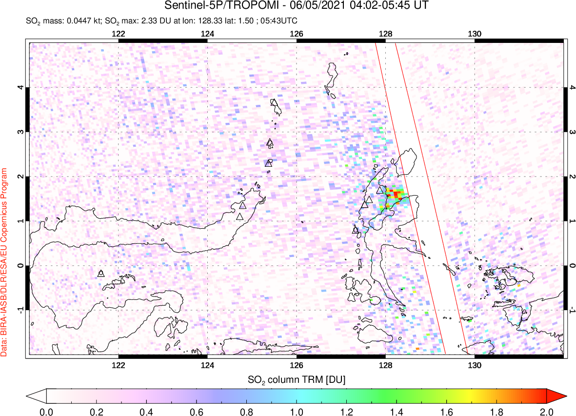 A sulfur dioxide image over Northern Sulawesi & Halmahera, Indonesia on Jun 05, 2021.