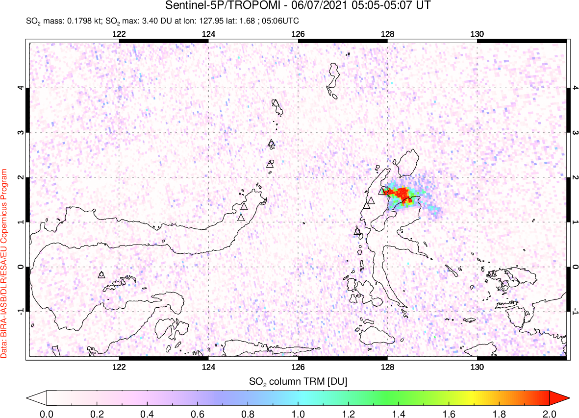 A sulfur dioxide image over Northern Sulawesi & Halmahera, Indonesia on Jun 07, 2021.