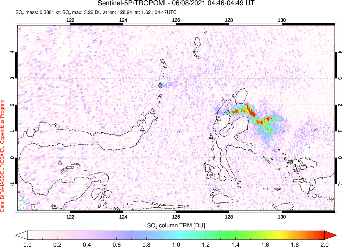 A sulfur dioxide image over Northern Sulawesi & Halmahera, Indonesia on Jun 08, 2021.