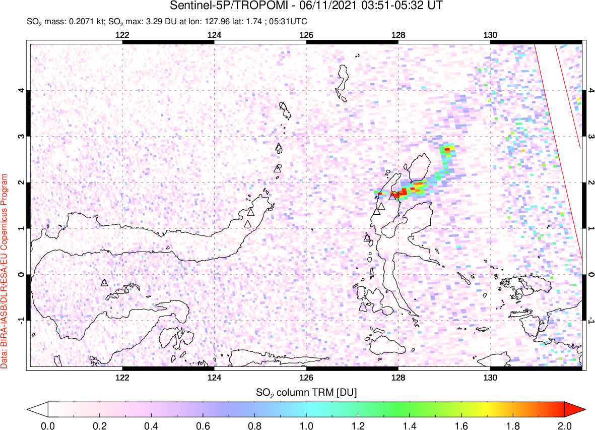 A sulfur dioxide image over Northern Sulawesi & Halmahera, Indonesia on Jun 11, 2021.