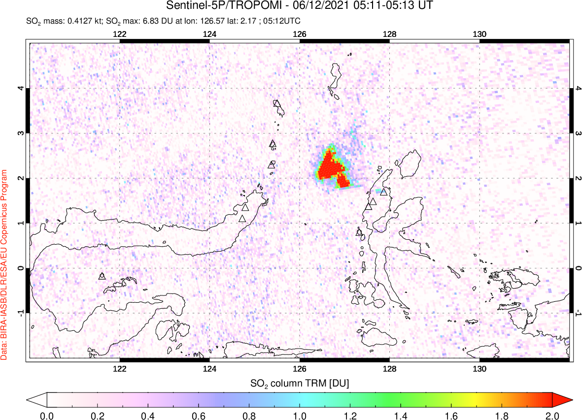 A sulfur dioxide image over Northern Sulawesi & Halmahera, Indonesia on Jun 12, 2021.