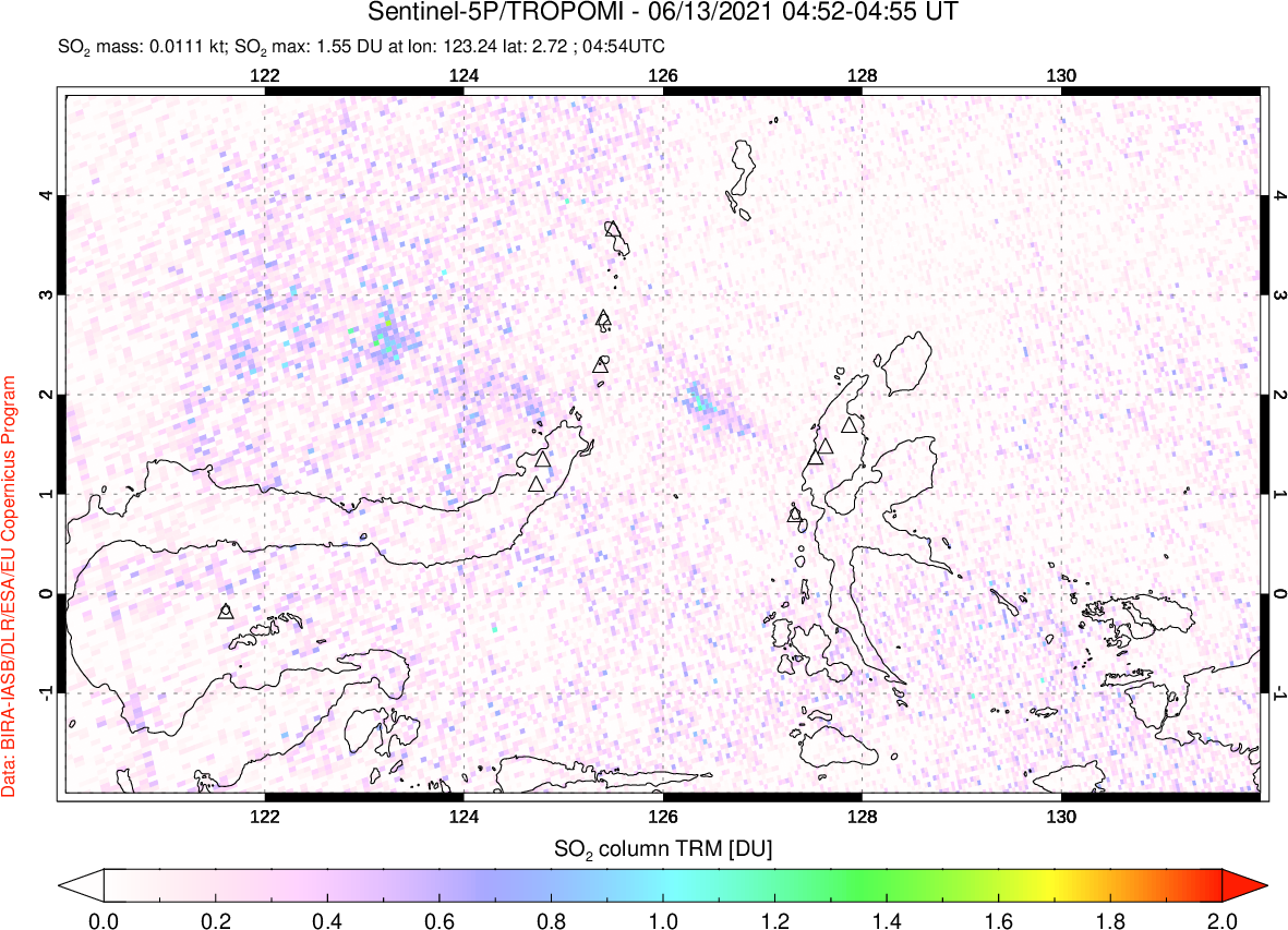 A sulfur dioxide image over Northern Sulawesi & Halmahera, Indonesia on Jun 13, 2021.