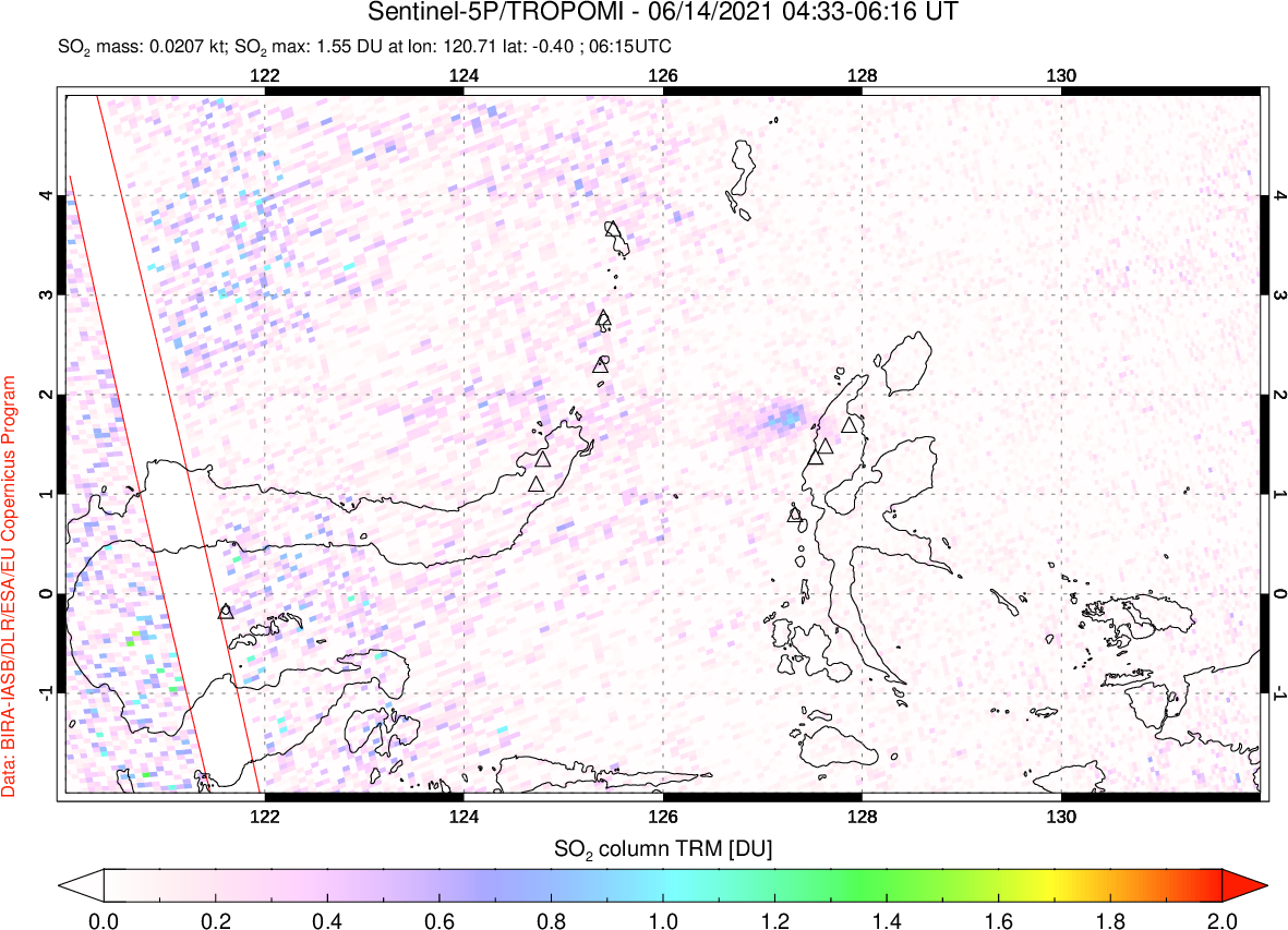 A sulfur dioxide image over Northern Sulawesi & Halmahera, Indonesia on Jun 14, 2021.