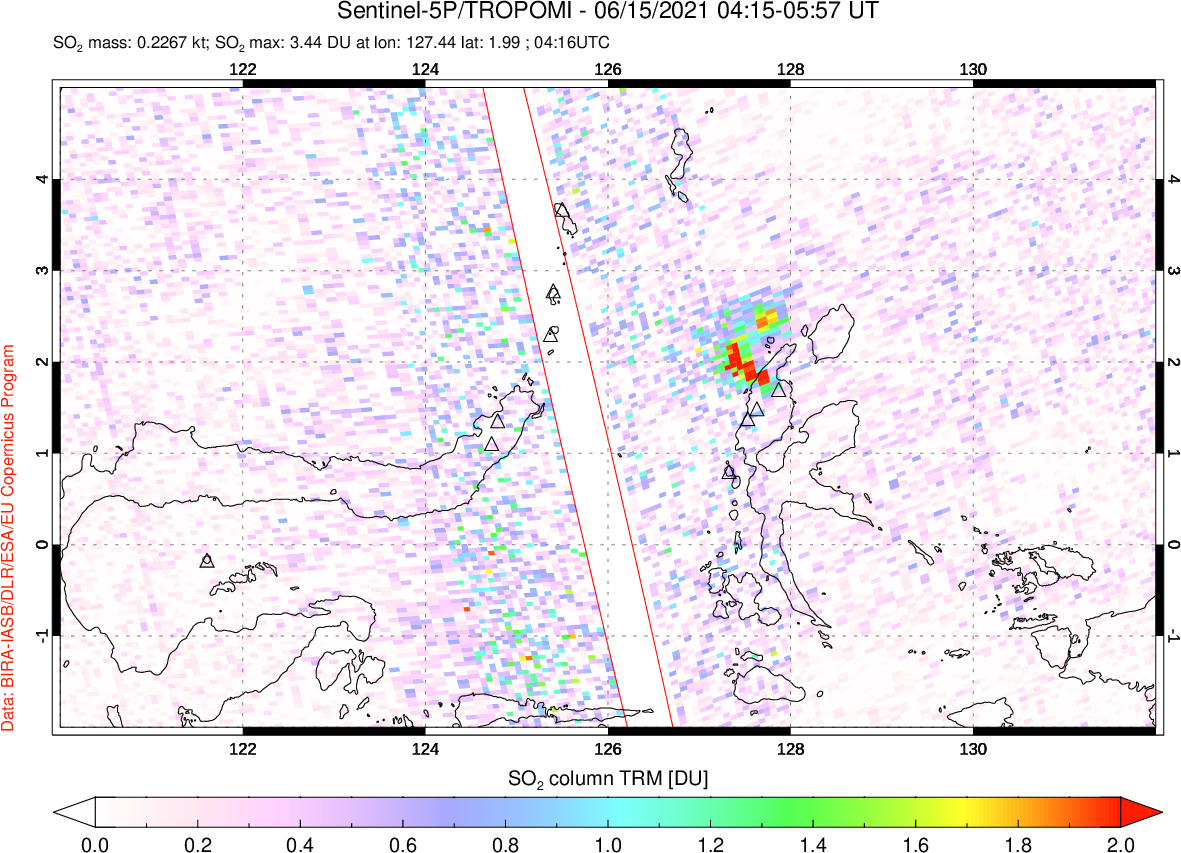 A sulfur dioxide image over Northern Sulawesi & Halmahera, Indonesia on Jun 15, 2021.