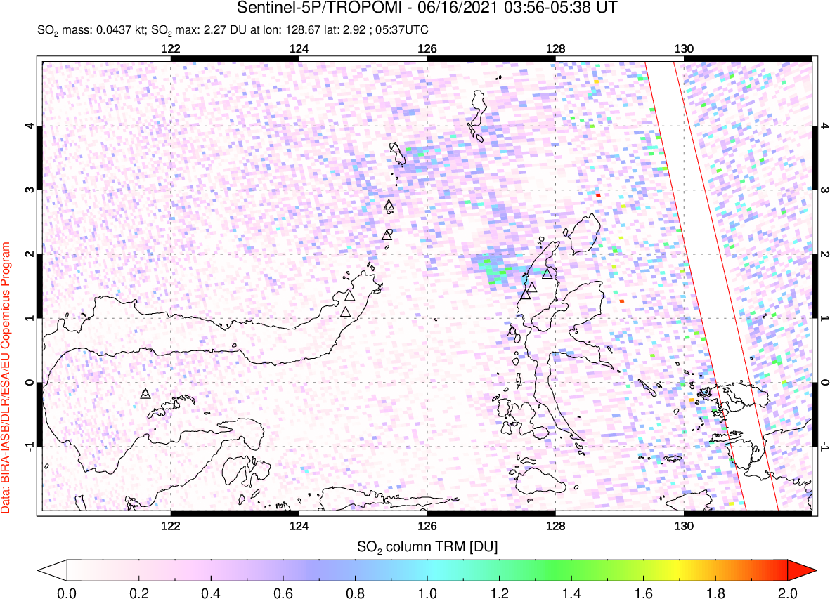 A sulfur dioxide image over Northern Sulawesi & Halmahera, Indonesia on Jun 16, 2021.