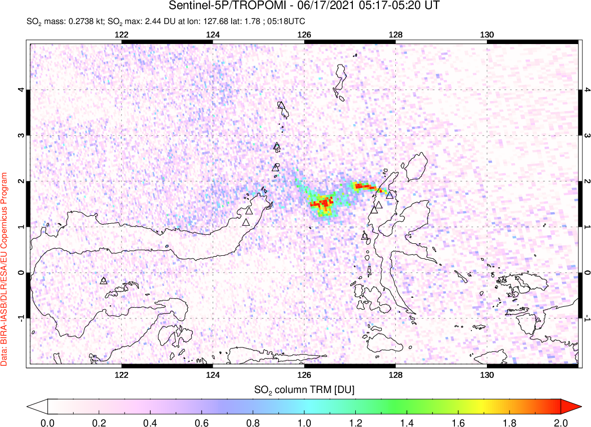 A sulfur dioxide image over Northern Sulawesi & Halmahera, Indonesia on Jun 17, 2021.