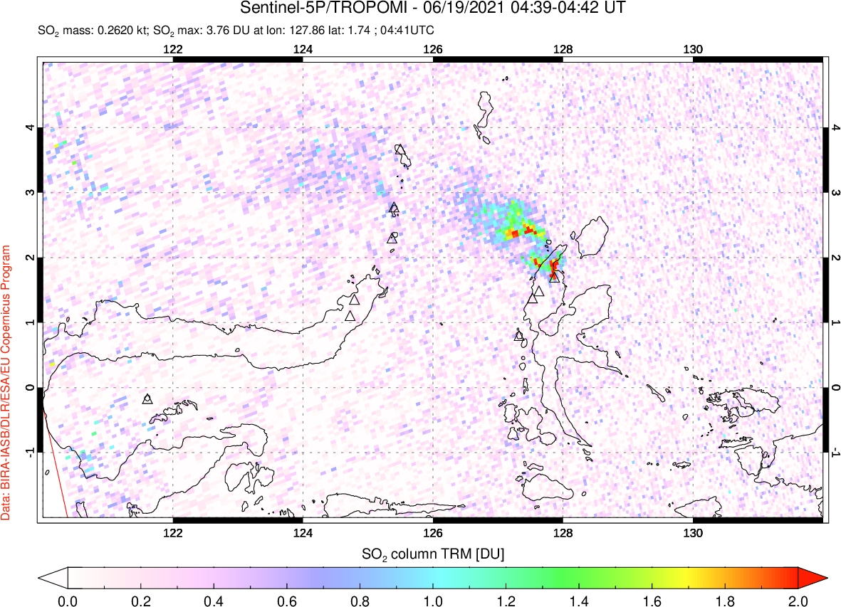 A sulfur dioxide image over Northern Sulawesi & Halmahera, Indonesia on Jun 19, 2021.