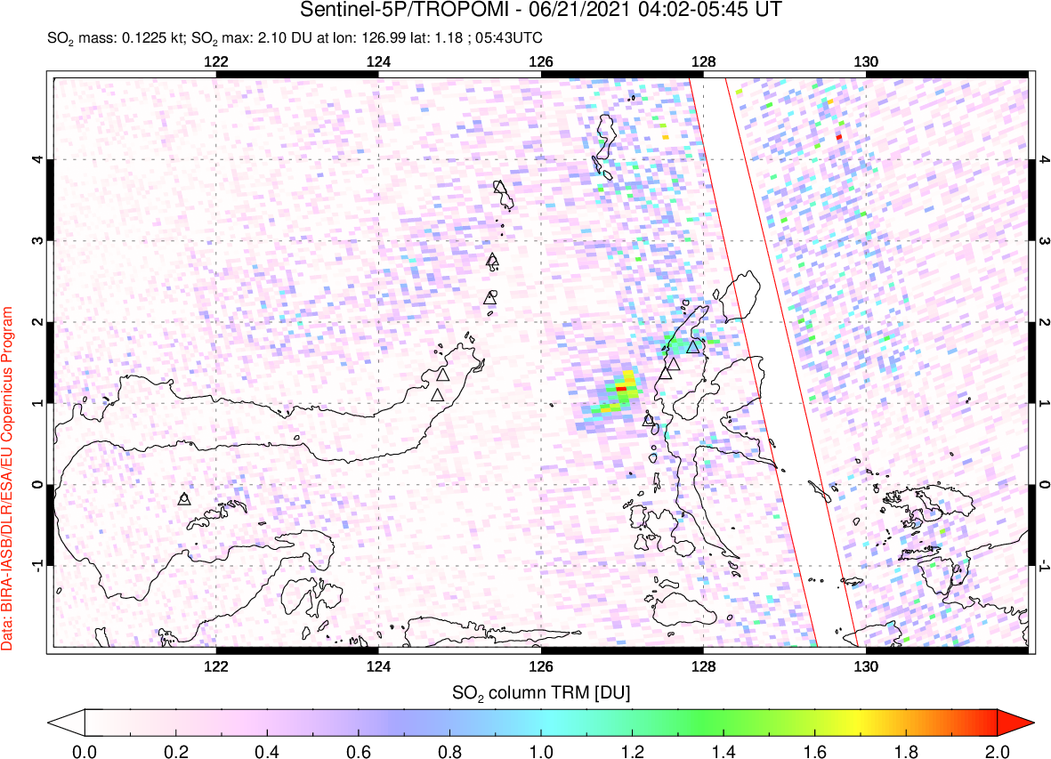 A sulfur dioxide image over Northern Sulawesi & Halmahera, Indonesia on Jun 21, 2021.