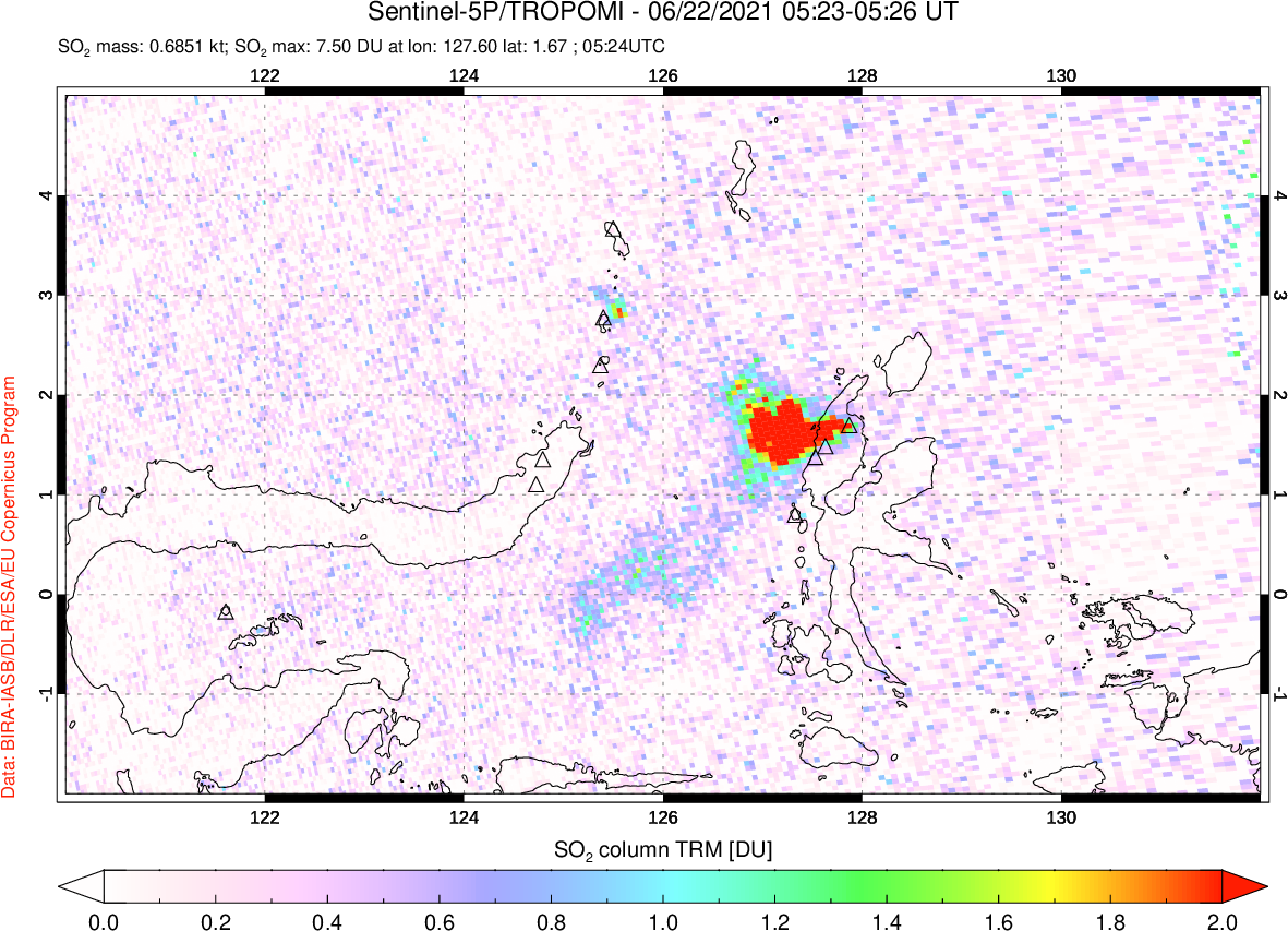 A sulfur dioxide image over Northern Sulawesi & Halmahera, Indonesia on Jun 22, 2021.