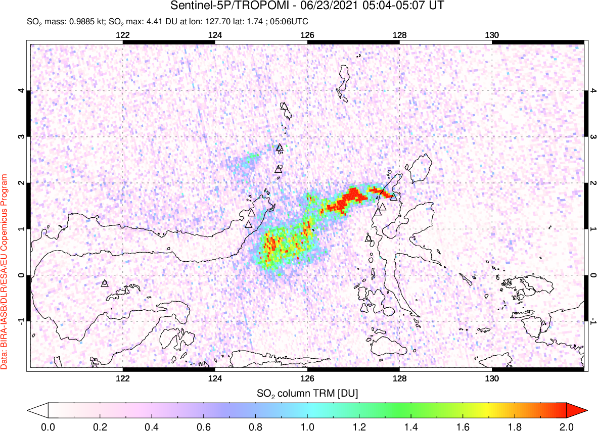 A sulfur dioxide image over Northern Sulawesi & Halmahera, Indonesia on Jun 23, 2021.