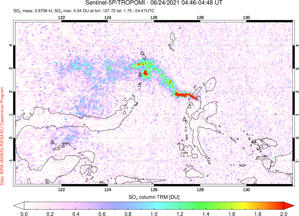A sulfur dioxide image over Northern Sulawesi & Halmahera, Indonesia on Jun 24, 2021.