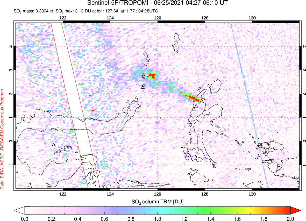 A sulfur dioxide image over Northern Sulawesi & Halmahera, Indonesia on Jun 25, 2021.