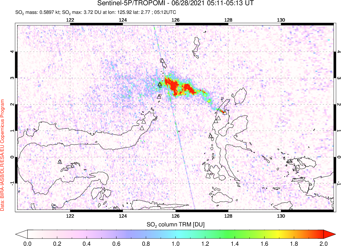 A sulfur dioxide image over Northern Sulawesi & Halmahera, Indonesia on Jun 28, 2021.