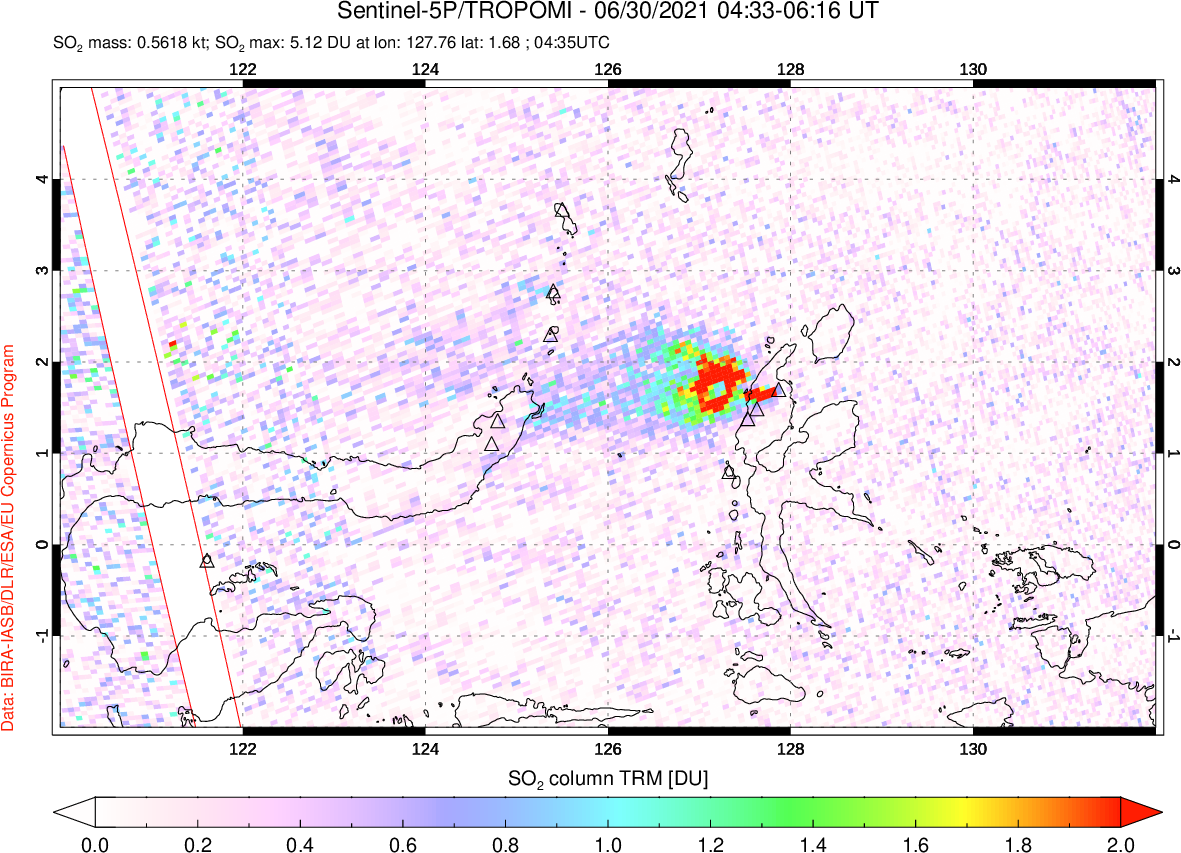 A sulfur dioxide image over Northern Sulawesi & Halmahera, Indonesia on Jun 30, 2021.