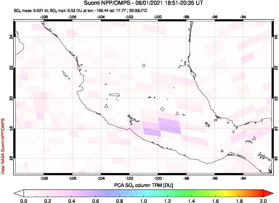 A sulfur dioxide image over Mexico on Jun 01, 2021.