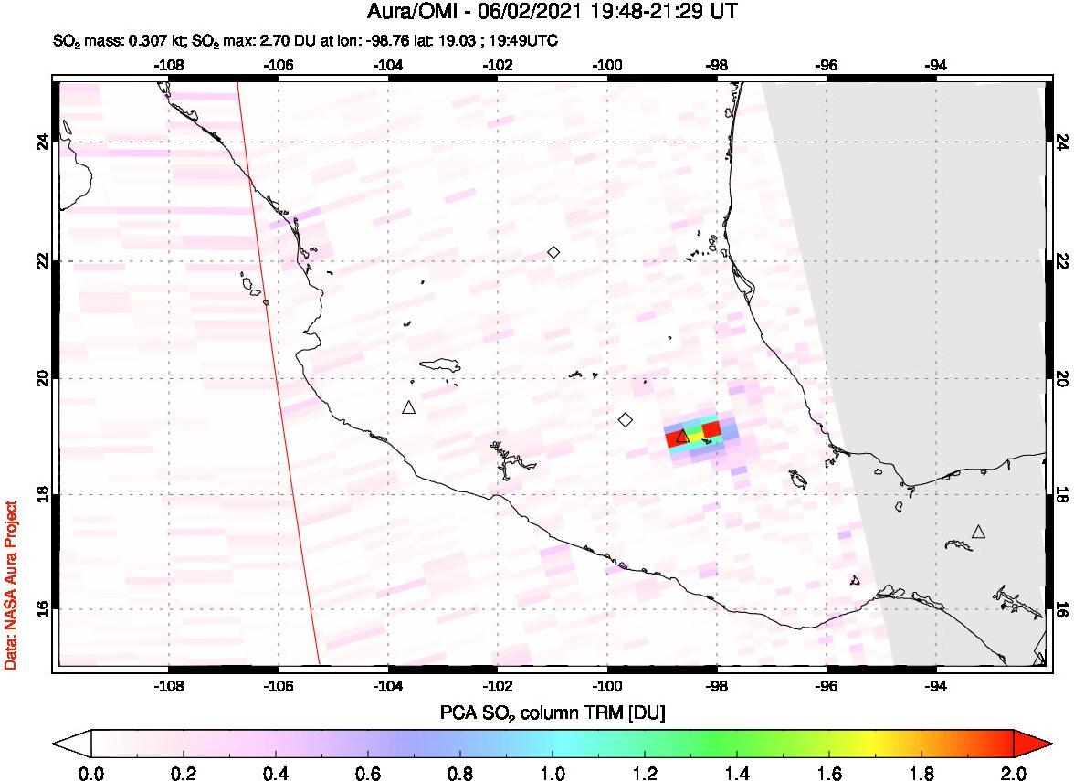 A sulfur dioxide image over Mexico on Jun 02, 2021.