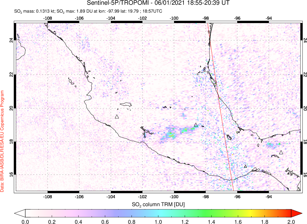 A sulfur dioxide image over Mexico on Jun 01, 2021.