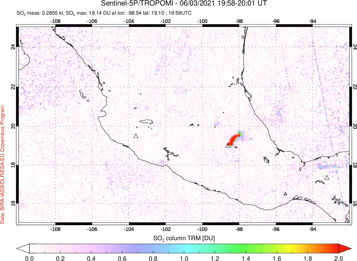 A sulfur dioxide image over Mexico on Jun 03, 2021.