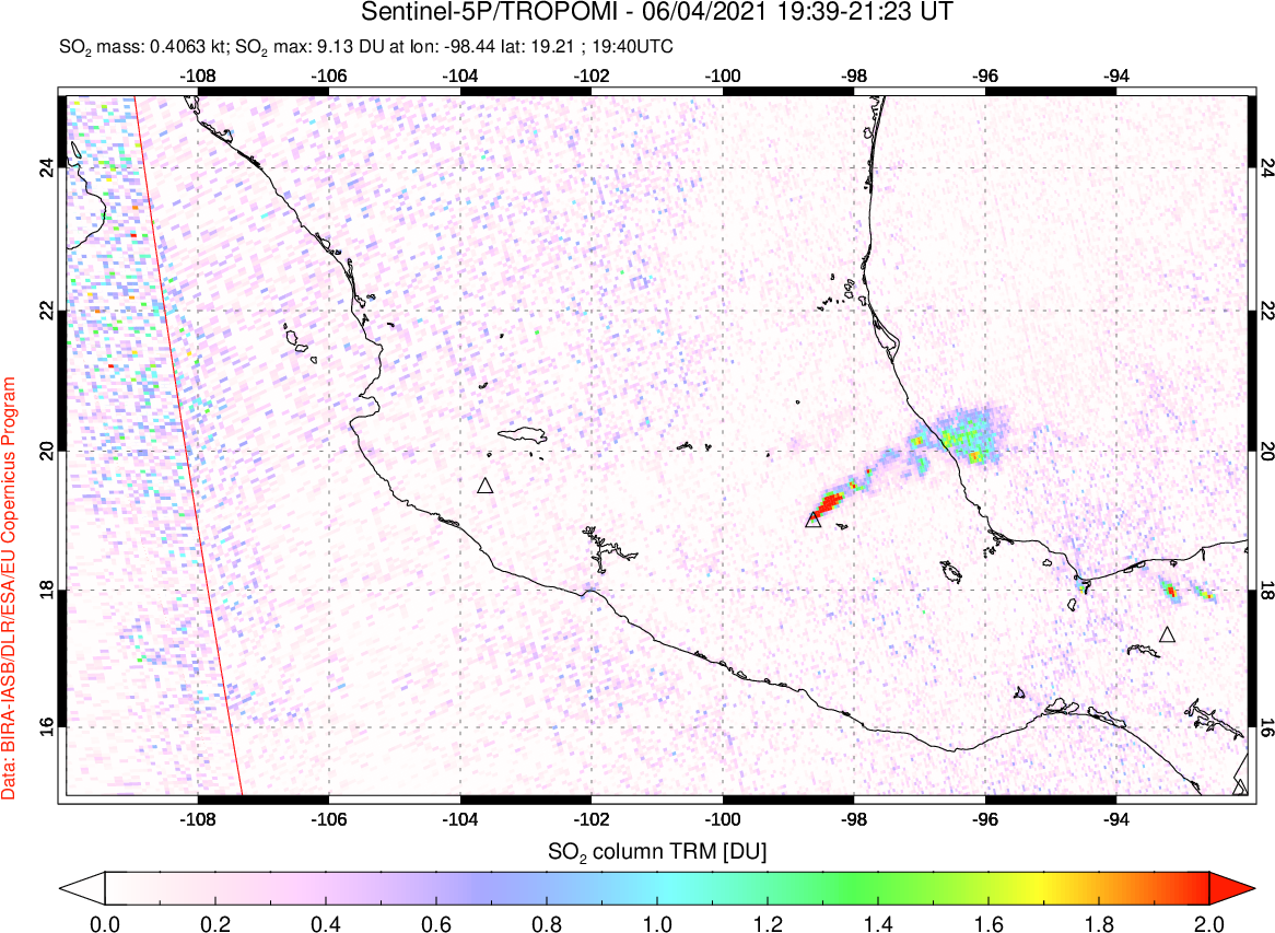 A sulfur dioxide image over Mexico on Jun 04, 2021.