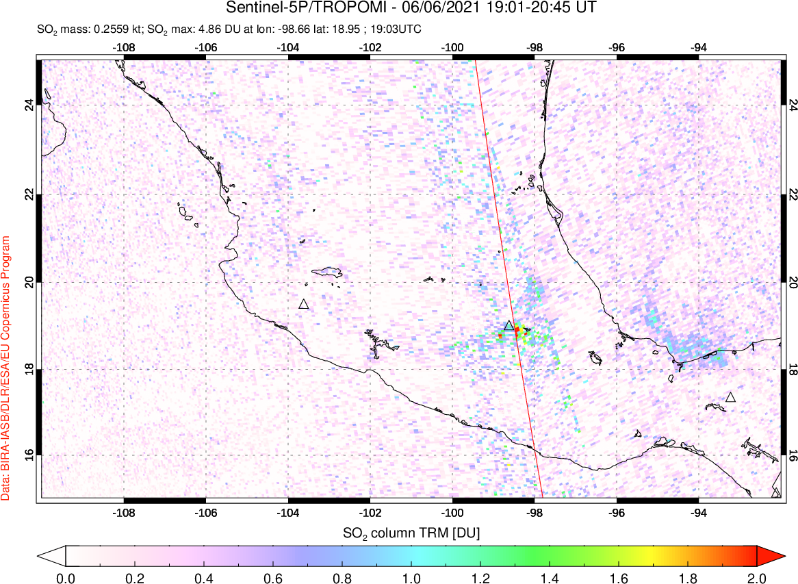 A sulfur dioxide image over Mexico on Jun 06, 2021.
