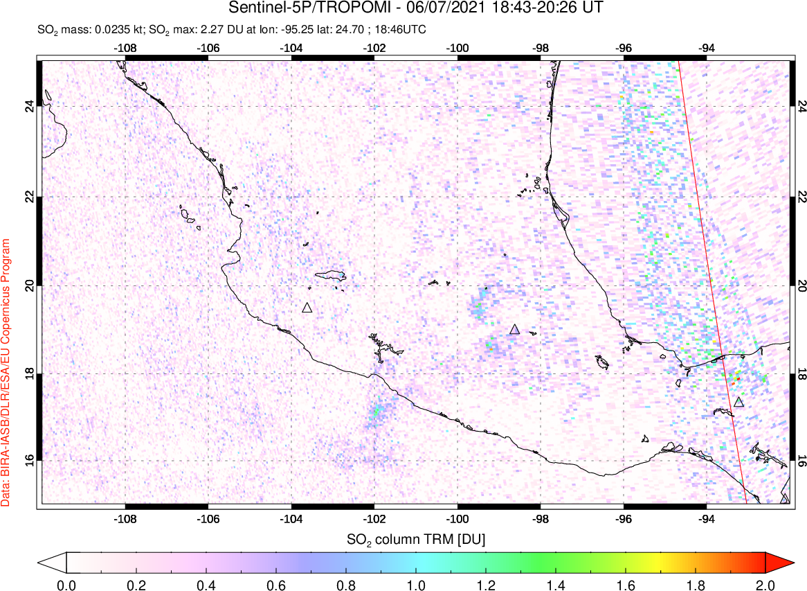 A sulfur dioxide image over Mexico on Jun 07, 2021.