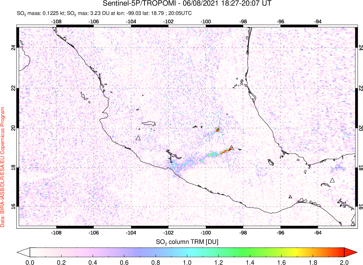 A sulfur dioxide image over Mexico on Jun 08, 2021.