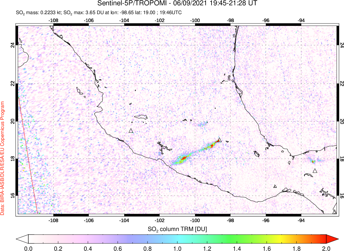 A sulfur dioxide image over Mexico on Jun 09, 2021.