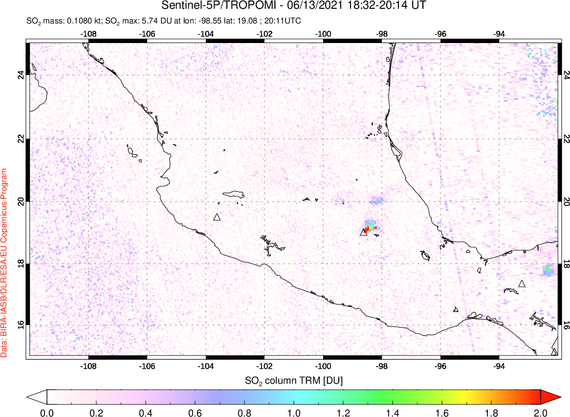 A sulfur dioxide image over Mexico on Jun 13, 2021.