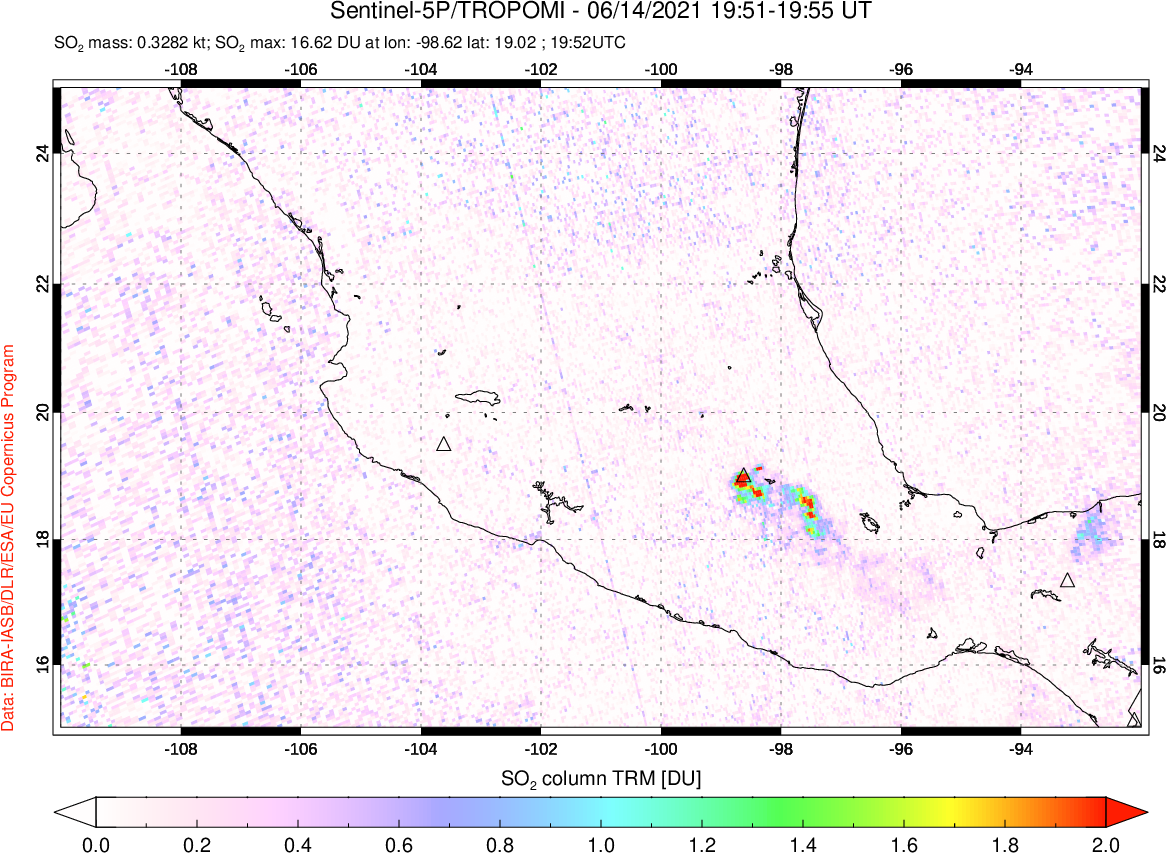 A sulfur dioxide image over Mexico on Jun 14, 2021.