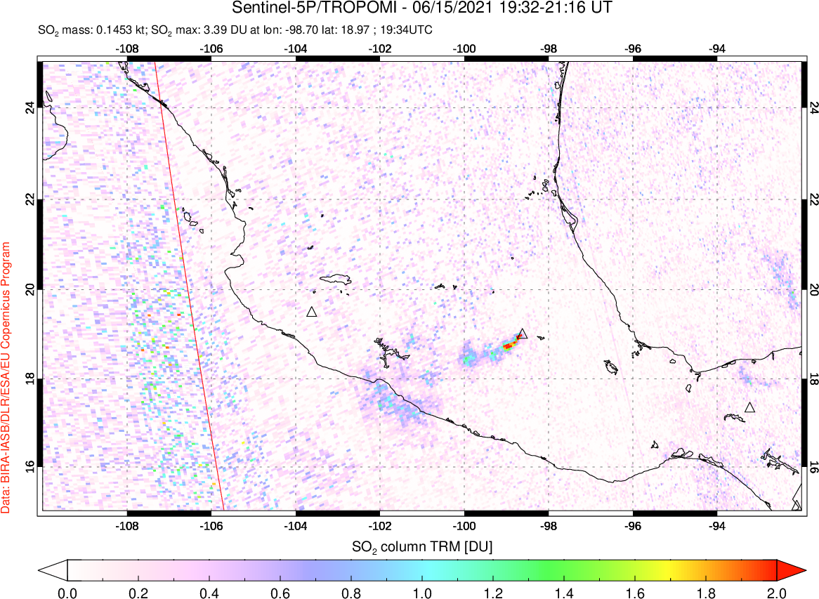 A sulfur dioxide image over Mexico on Jun 15, 2021.