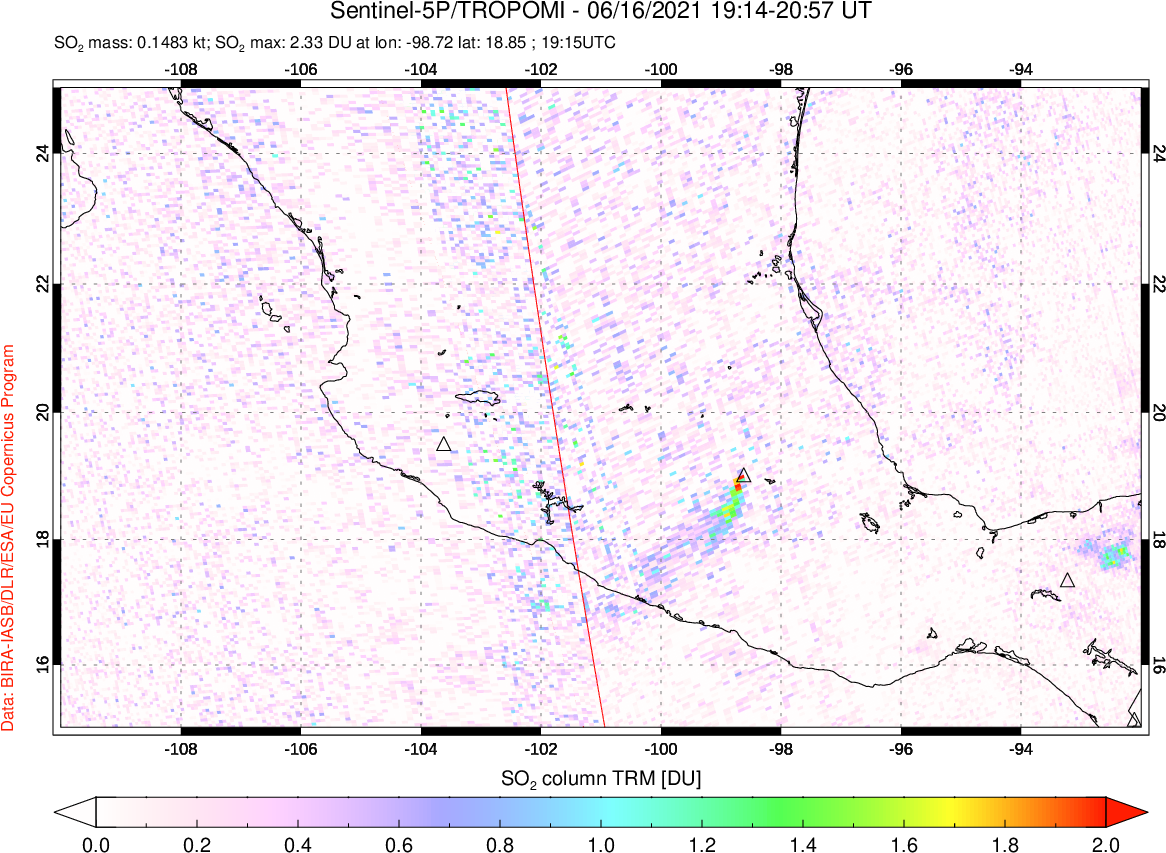 A sulfur dioxide image over Mexico on Jun 16, 2021.