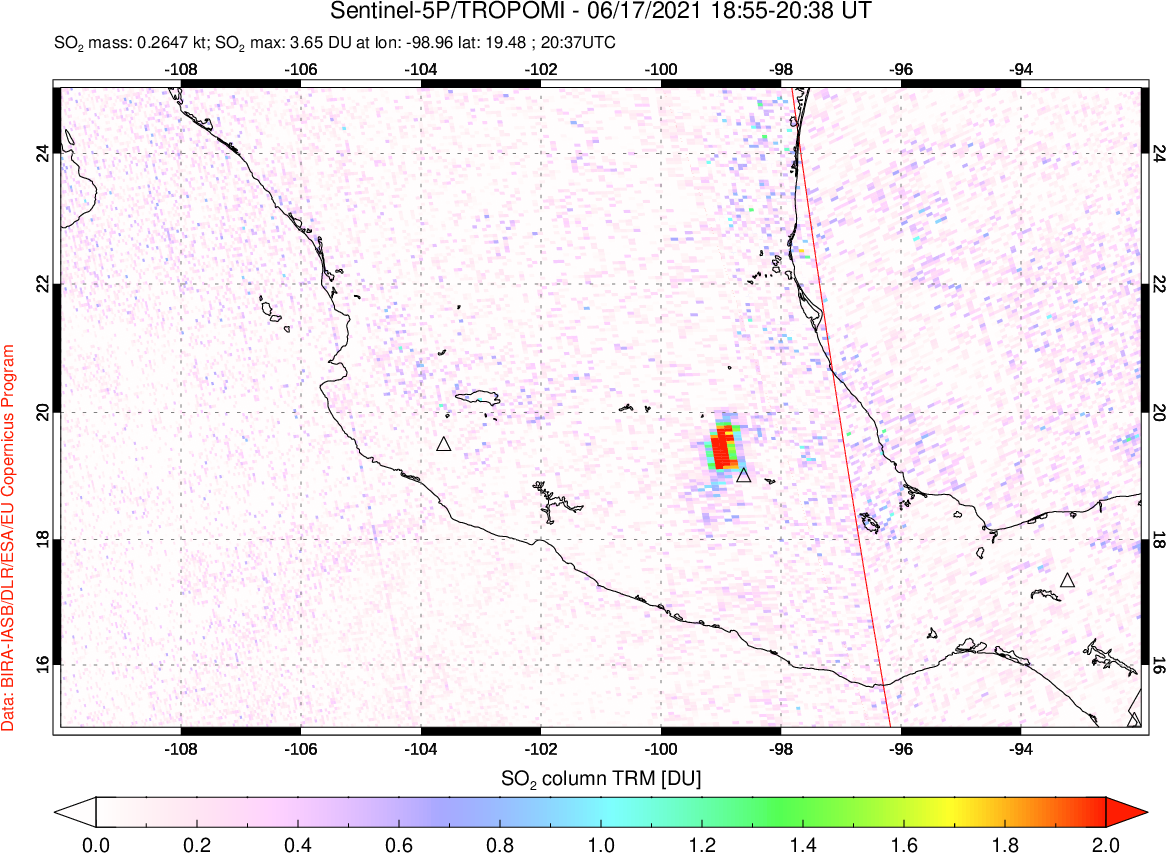 A sulfur dioxide image over Mexico on Jun 17, 2021.