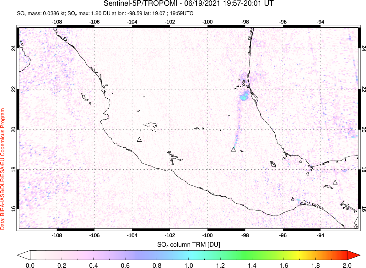 A sulfur dioxide image over Mexico on Jun 19, 2021.